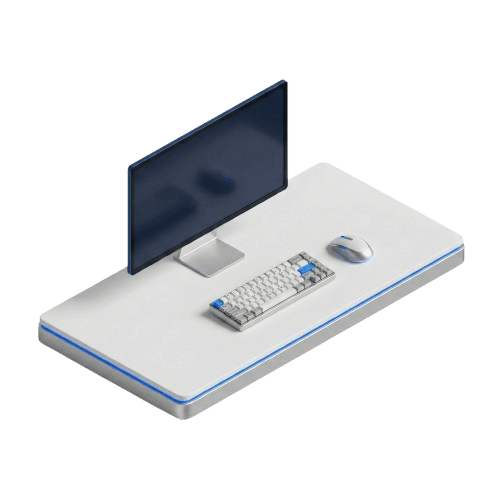 Clean desk setup icon with monitor, keyboard, and mouse for productivity