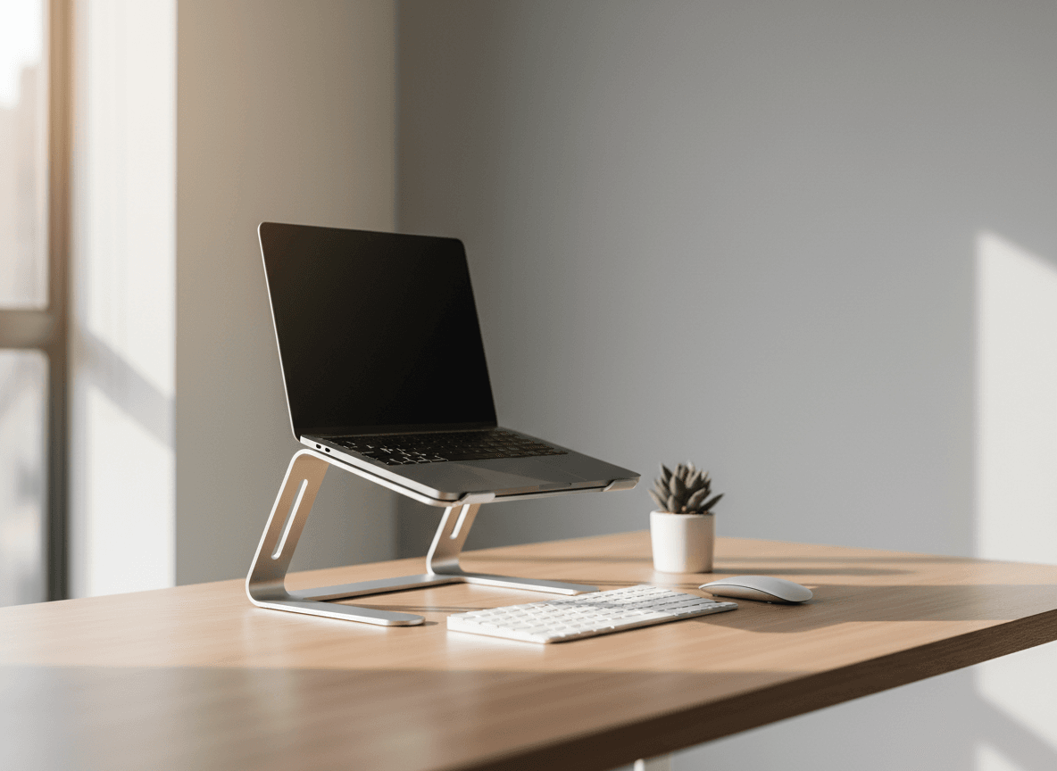 Modern minimalist home office setup with a MacBook Pro on an ergonomic aluminum laptop stand