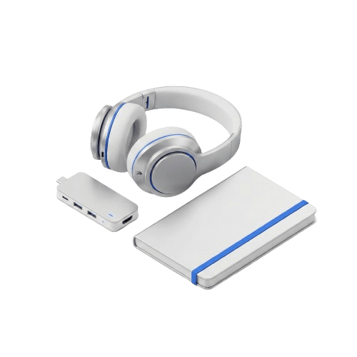 Essential tech accessories icon including headphones, USB hub, and notebook
